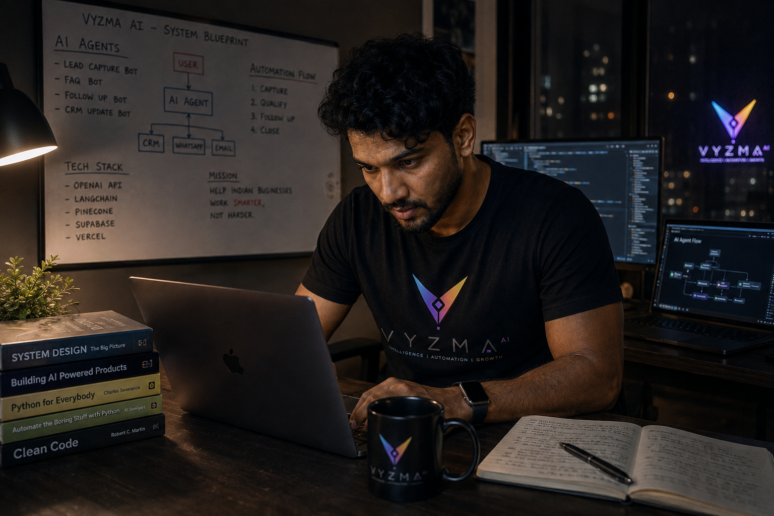 Vyzma AI system blueprint whiteboard: AI agents, automation flow, and mission to help Indian businesses work smarter